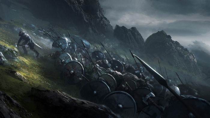 Fantasy army with shields and spears on a hill