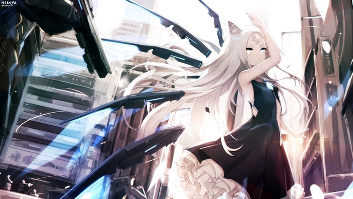 Anime girl with white hair and animal ears in a city