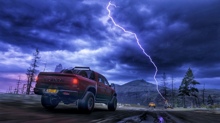 4K Dodge RAM pickup truck in a lightning storm