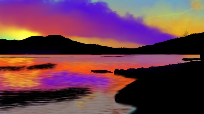 Digital painting of a vibrant sunset over a lake with mountains