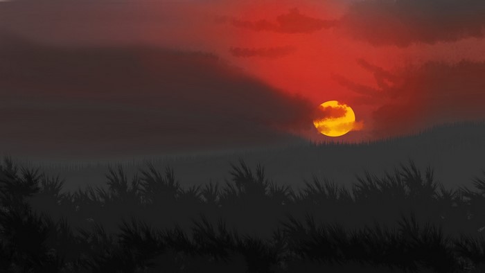 Digital painting of a sunset over a grassy field
