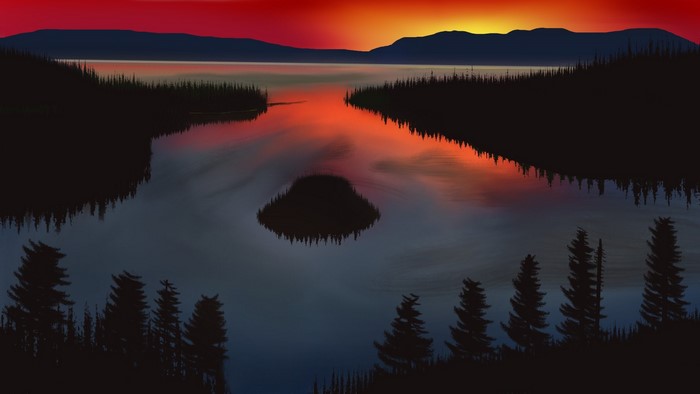 Digital painting of a sunset over a lake with mountains and trees