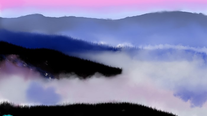 Digital painting of misty mountains at sunrise