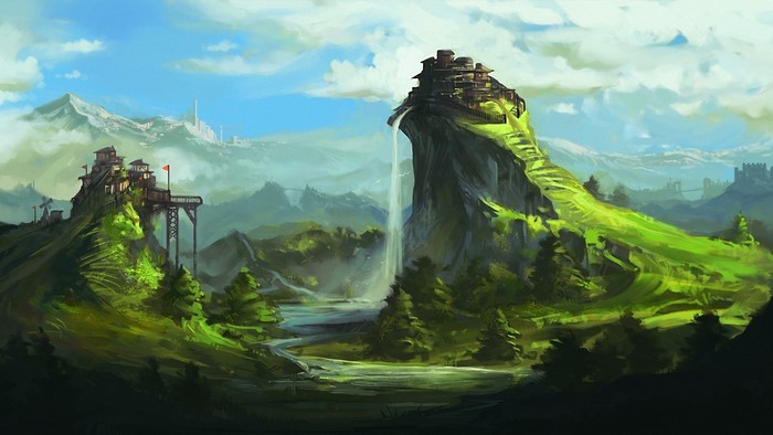 Digital art landscape with mountains and waterfalls