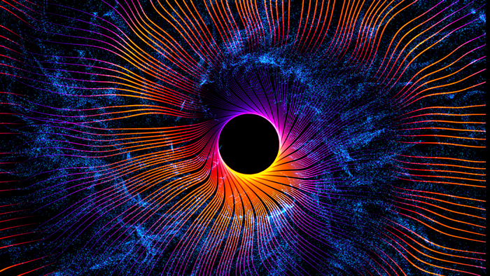 Abstract digital art of a black hole with colorful wavy lines