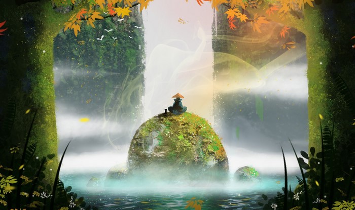 Fantasy art of a person and cat on a rock island