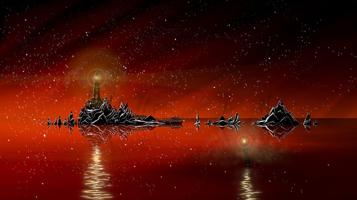 Island with lighthouse in red starry sky and reflection