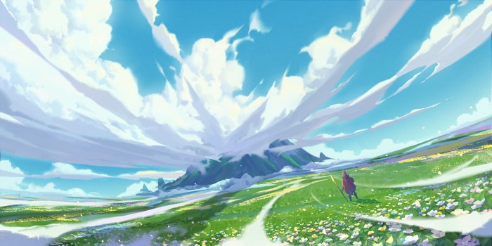 YH Wu walking through a flower field towards mountains