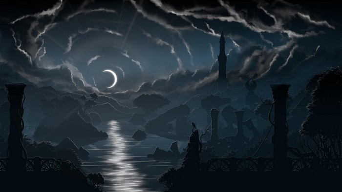 Fantasy landscape with crescent moon and tower