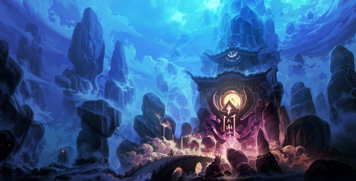 Fantasy landscape with Asian architecture and rock formations