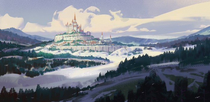 Fantasy castle on a hill with clouds and trees