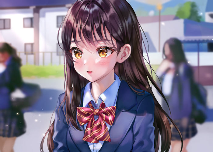 Anime girl with long dark hair and school uniform