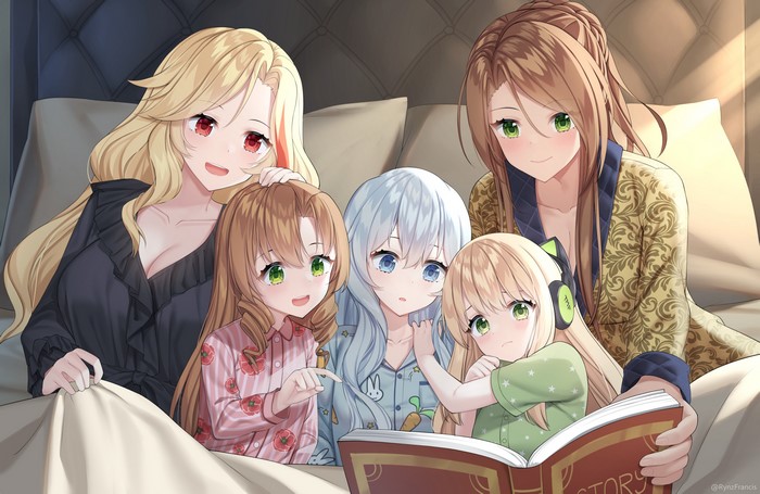 Anime girls reading a book in bed
