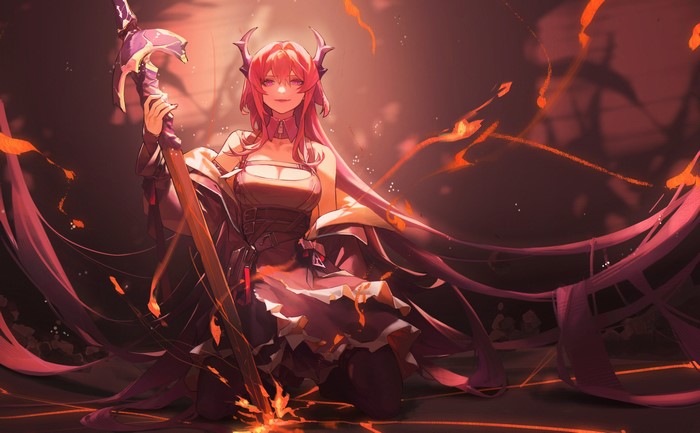 Surtr from Arknights holding a sword