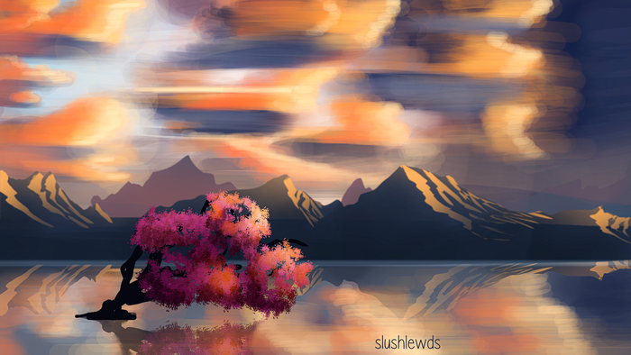 4K Cherry blossom tree reflection at sunset with mountains