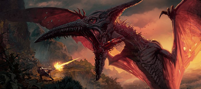 Man with minigun fights Pterodactyl in jungle
