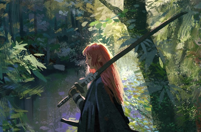 Redhead girl with sword in a forest