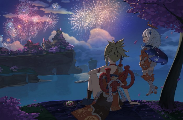 Yoimiya and Paimon from Genshin Impact watching fireworks