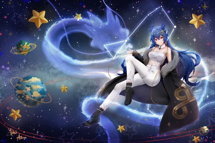 Anime girl with blue hair and dragon constellation