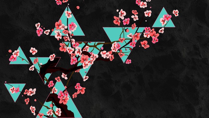 Cherry blossoms on a dark textured background with teal triangles