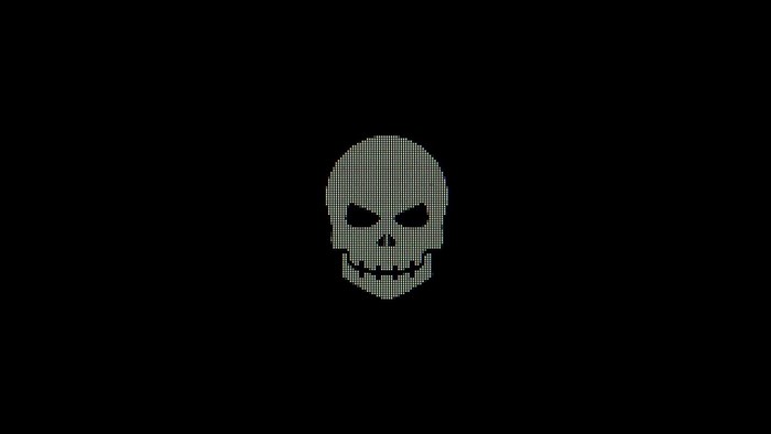 Monochrome pixel art skull on black background