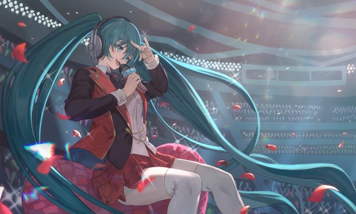 Hatsune Miku performing on stage with roses falling