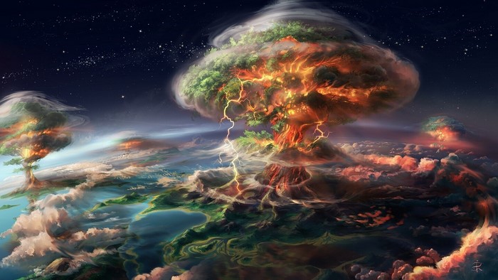 Surreal landscape with mushroom cloud trees and lightning