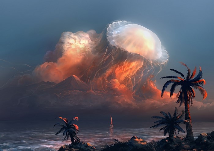 Surreal jellyfish cloud over tropical island by Alex Rommel