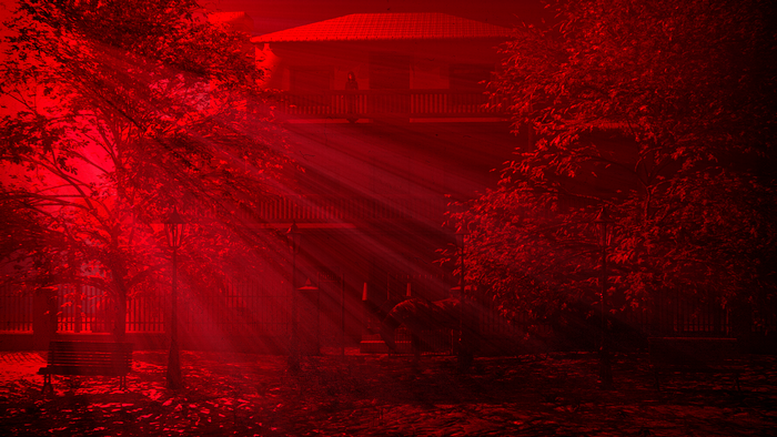 Mansion with sun rays and trees in red