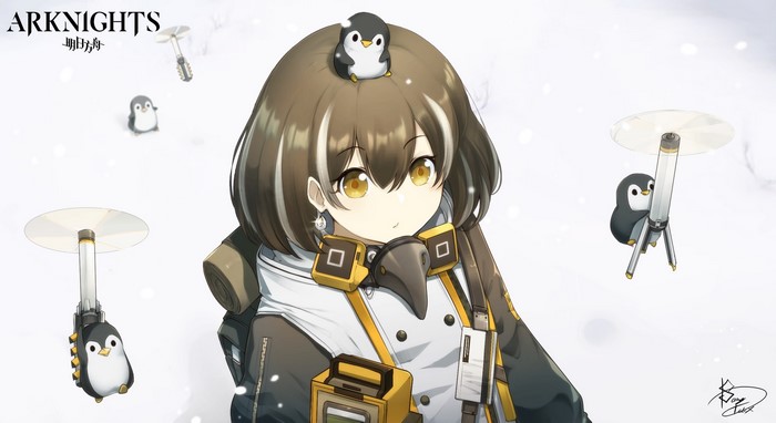 Magallan from Arknights with penguins in the snow