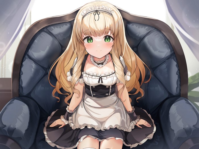 Anime maid girl with blonde hair and green eyes sitting in a chair