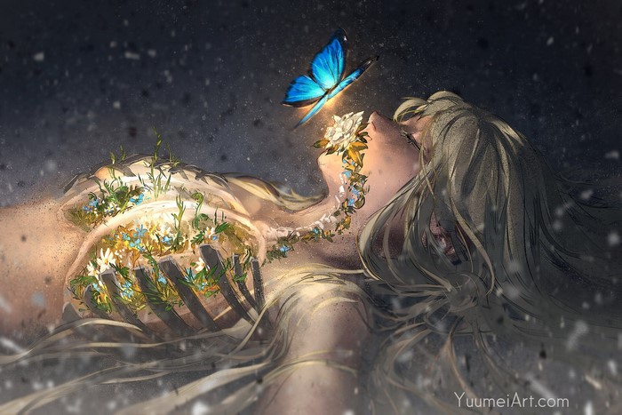 Artwork of a woman with flowers and a butterfly