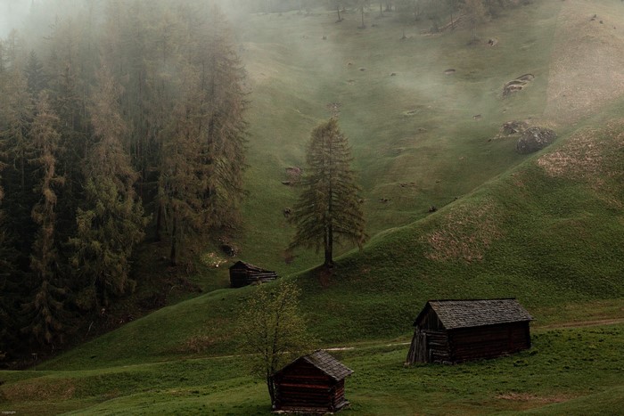 Misty mountain landscape with wooden cabins and pine forest