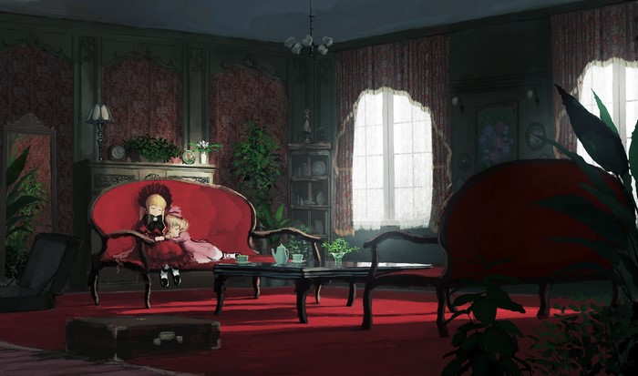Two girls in Victorian dresses in a dimly lit room