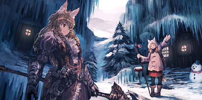 Fantasy characters in a snowy, icy landscape