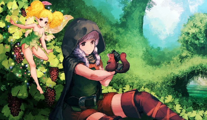 Fairy and girl with squirrels in a forest