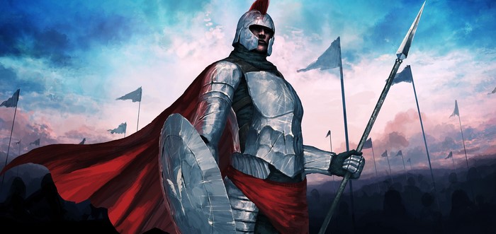 Warrior with spear and shield in front of army
