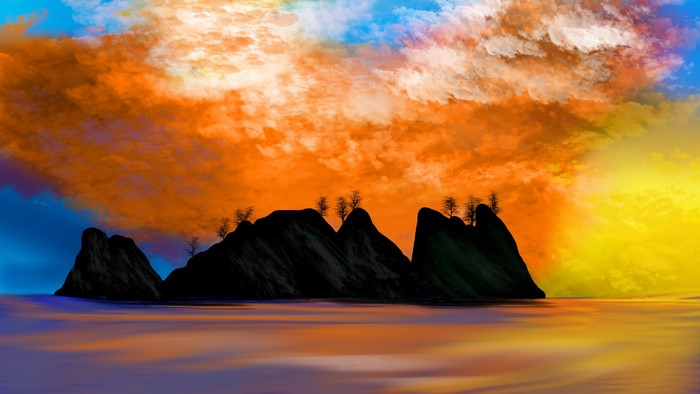 Digital painting of islands with dramatic sunset sky