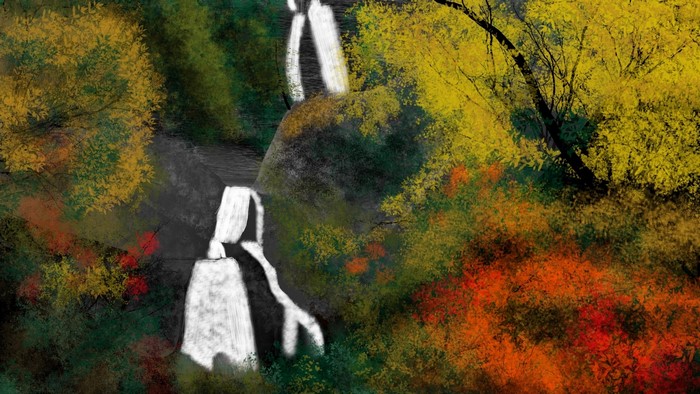Digital painting of a waterfall in autumn forest