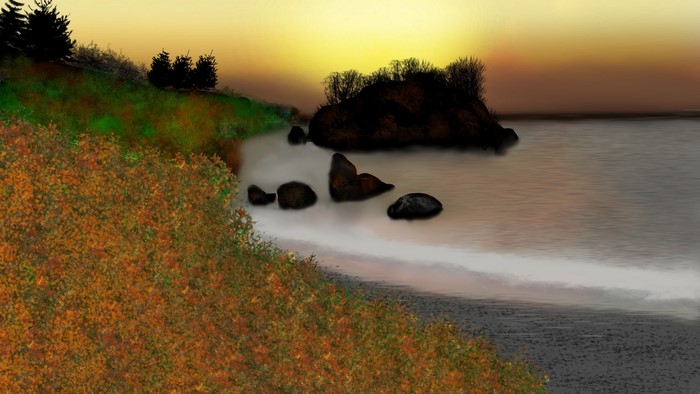 Digital painting of a coastal landscape at sunset