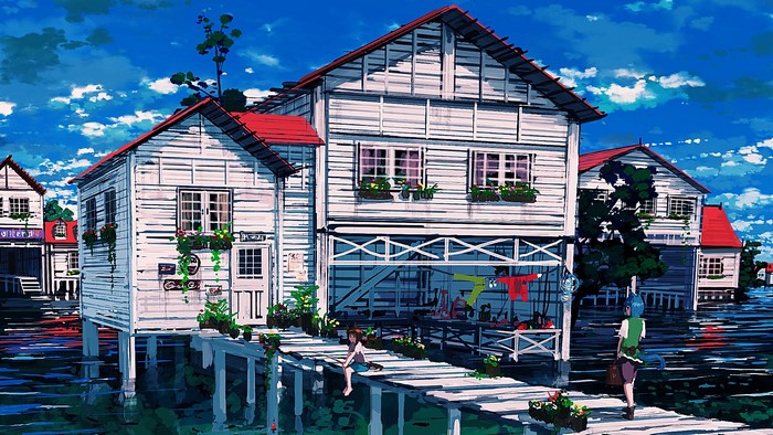 Anime girl fishing by stilted buildings over water