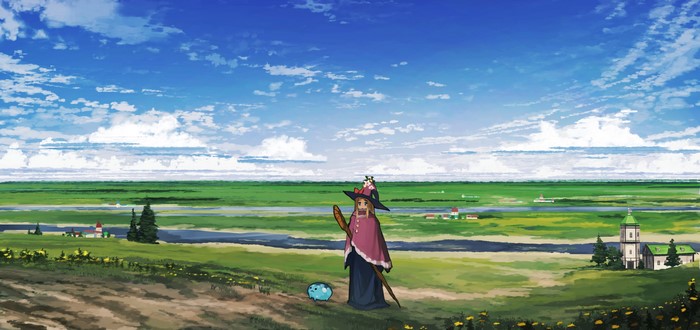 Anime witch with slime in a grassy field