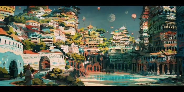 Fantasy city with hot air balloons and a moon
