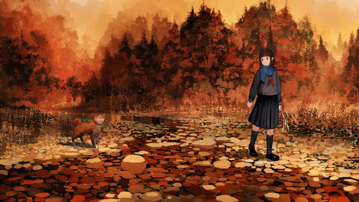 Girl and dog in autumn forest