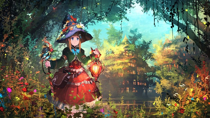 Girl in witch hat with lantern in fantasy forest city