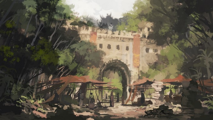 Fantasy market in front of ancient stone gate