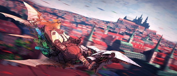 Jean Popo flying a steampunk airship over a fantasy city