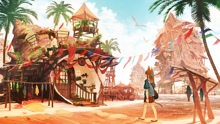 Fantasy beach town with anime characters