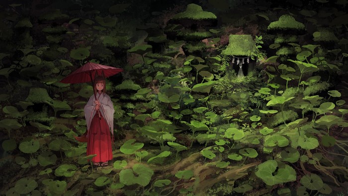 Miko with umbrella in a forest shrine