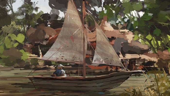Sailboat with a person on a river